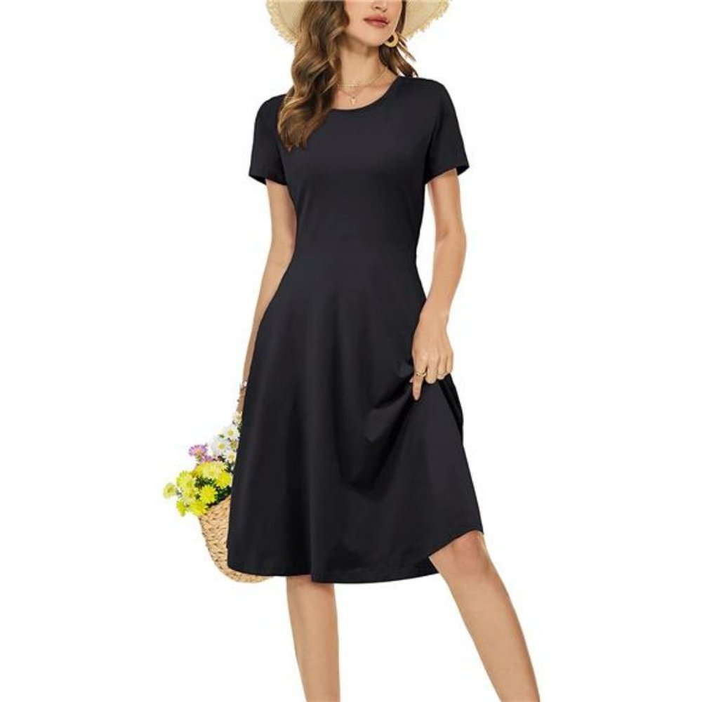 Women Casual Summer Short Sleeve Round Neck Floral Skater Dress with Pockets